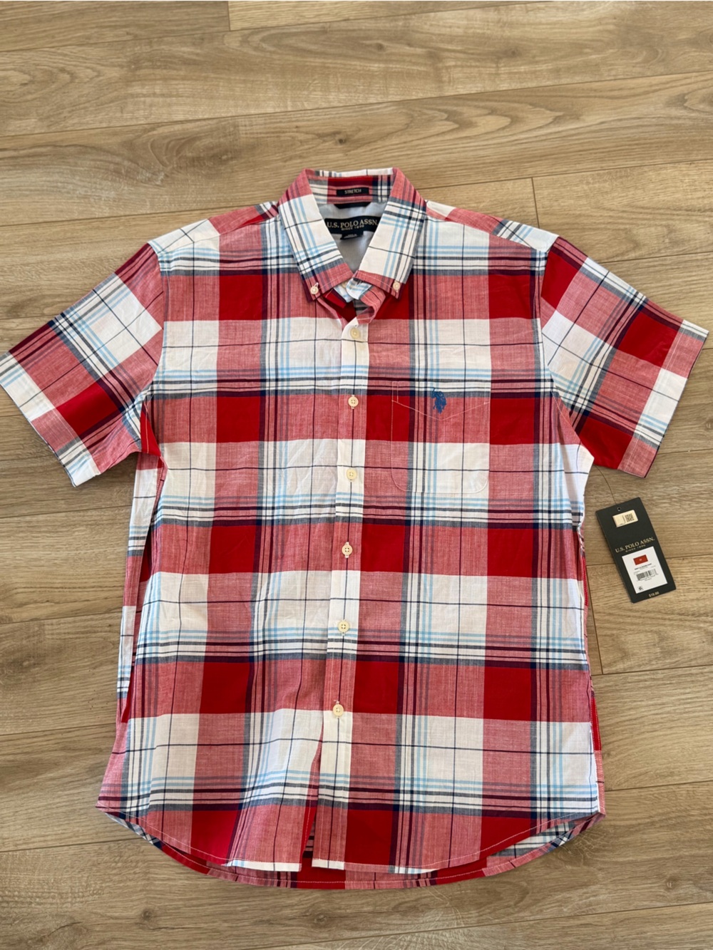U.S. Polo Assn. Red White and Blue Plaid Short-Sleeve Button-Down Shirt